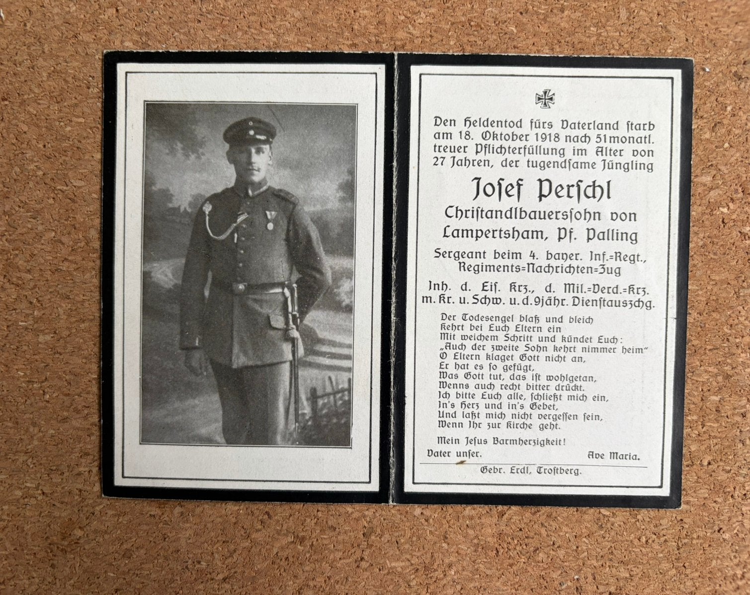 WO1 Bidprentje - Sergeant Nachrichten-Zug EK2 MVK (1918), Ophalen of Verzenden