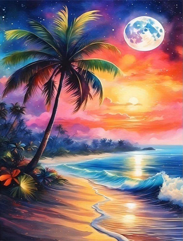 Peinture au diamant 40x30cm plage colorée (ronde) n 240, Neuf, Zee en Strand, Multicolore, Enlèvement ou Envoi