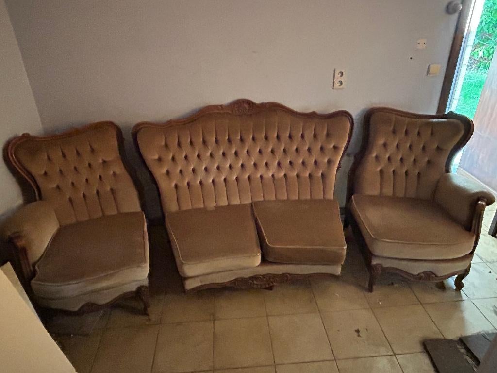 4 zit stijlsalon beige stof, Huis en Inrichting, Zetels | Complete zithoeken, Hout, Stof, Ophalen