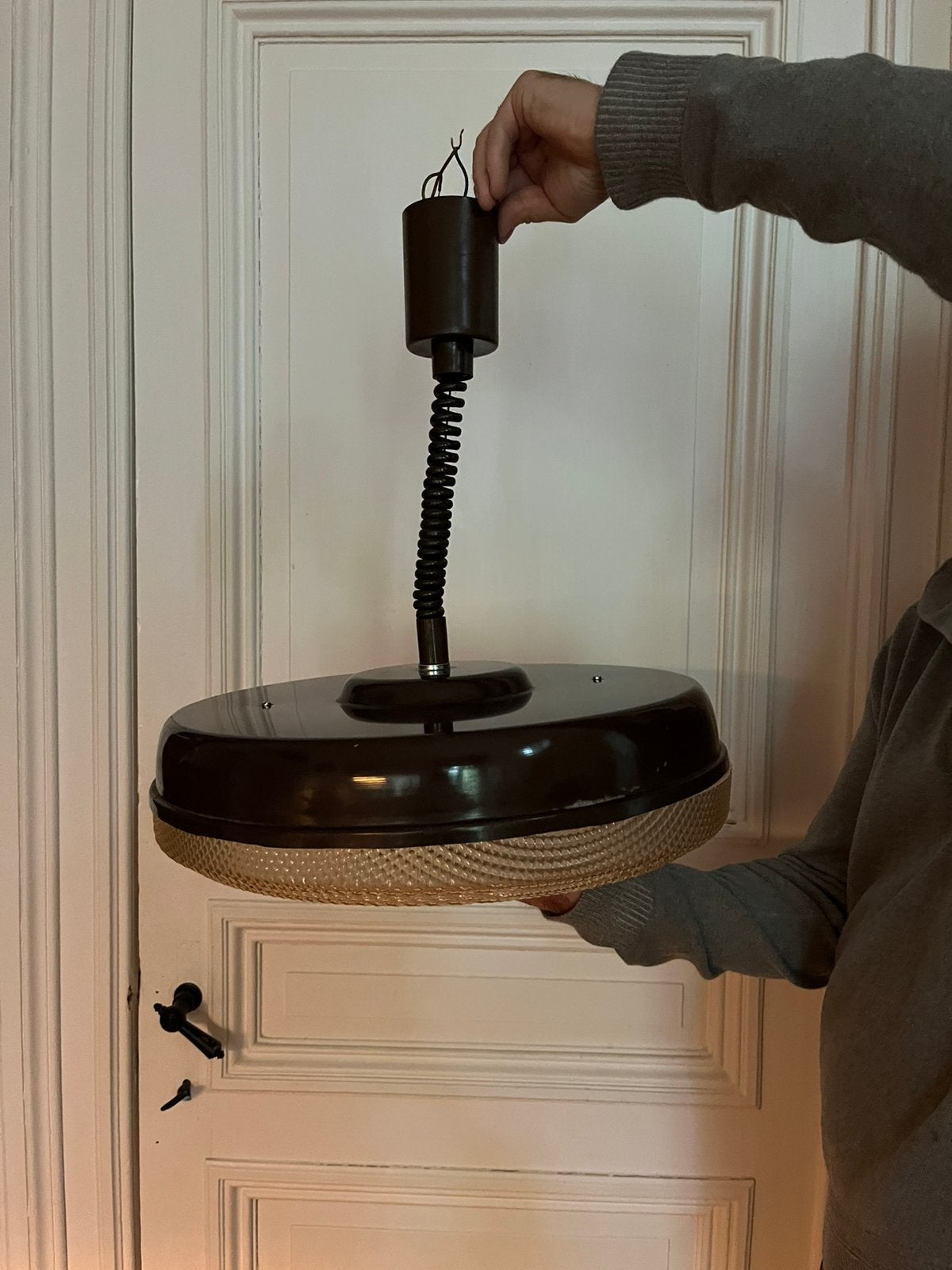 AUTHENTIEKE VINTAGE LAMP HANGLAMP TREKPENDEL JAREN 70 GROOT, Autres culots, Enlèvement ou Envoi, Synthétique, Vintage