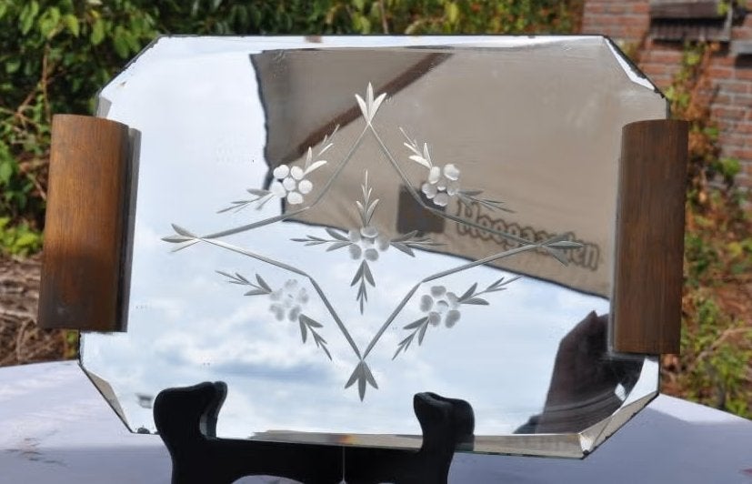 § plateau art deco miroir taillé et bois, Enlèvement ou Envoi