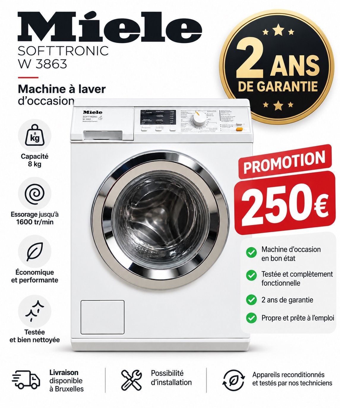 Miele Softtronic W 3863 — 2 jaar garantie — 250€, Ophalen, 1200 tot 1600 toeren, Zo goed als nieuw, Energieklasse A of zuiniger