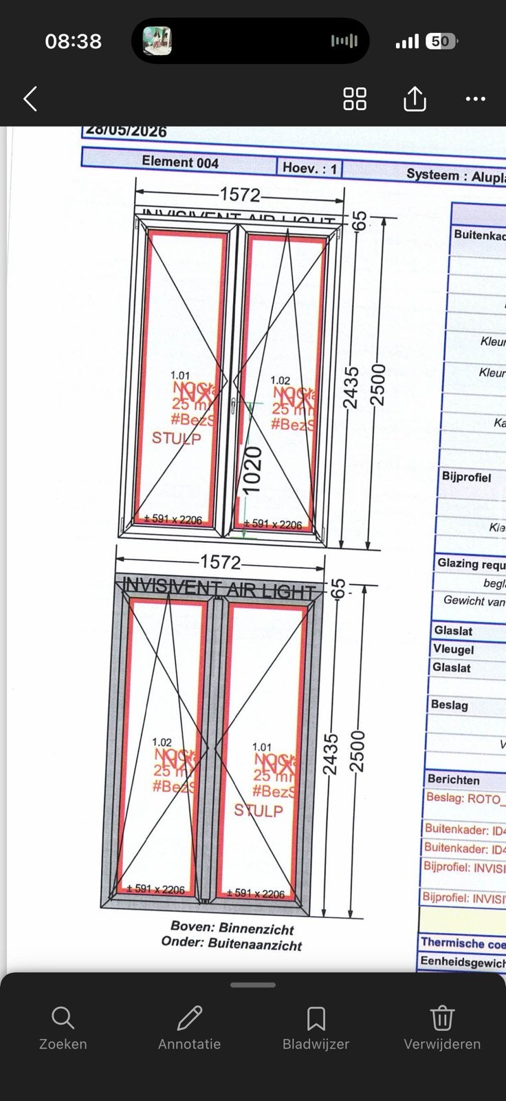 Pvc raam 1572mm breed x 2500mm hoog, Ophalen, 160 cm of meer, Zo goed als nieuw, 120 tot 160 cm