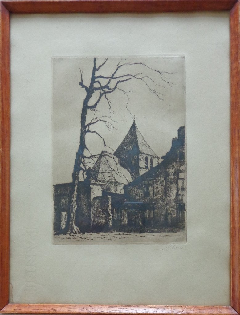 MAURICE MAREELS / DROGENBOS / ZW-W ETS / 34x26cm / KADER, Enlèvement ou Envoi, Architecture, Eau-forte, Signé
