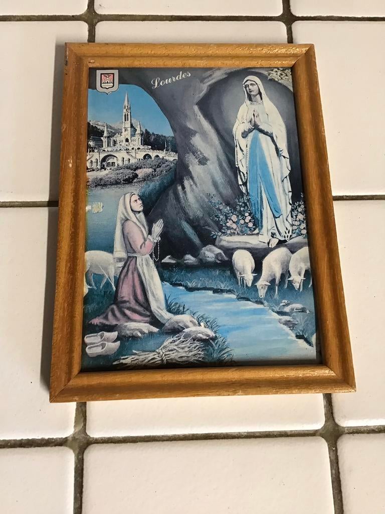 Oude ingelijste prent Maria Lourdes, Antiek en Kunst, Ophalen of Verzenden