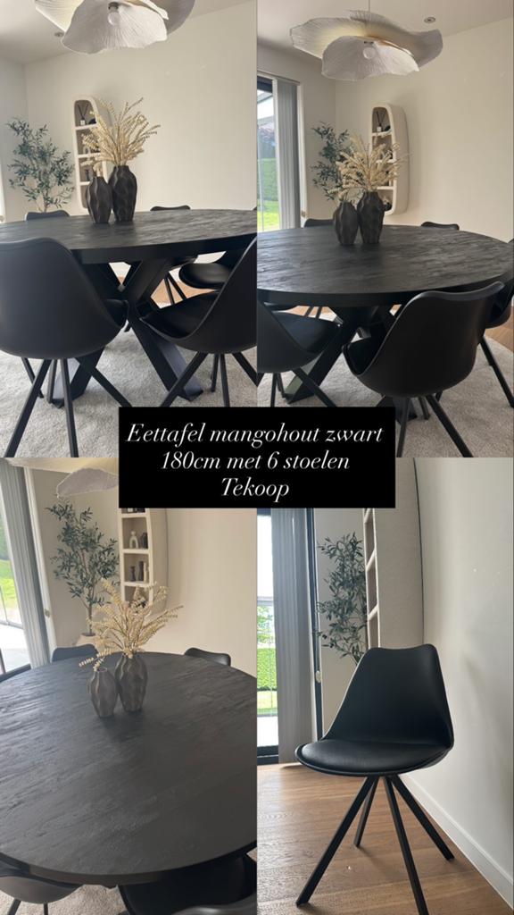 Eettafel mangohout zwart 180cm met 6 stoelen, Huis en Inrichting, Tafels | Eettafels, Ophalen, Zo goed als nieuw