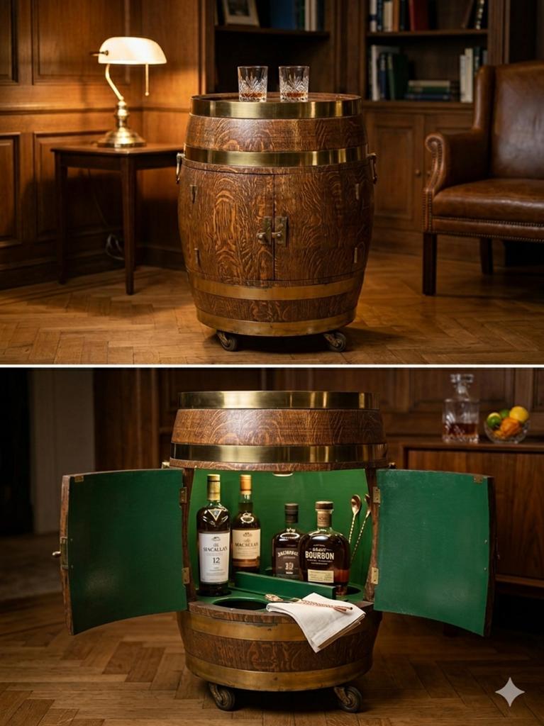 Vintage houten drankton op wieltjes - Barrel Bar, Huis en Inrichting, Barren, Gebruikt, Ophalen