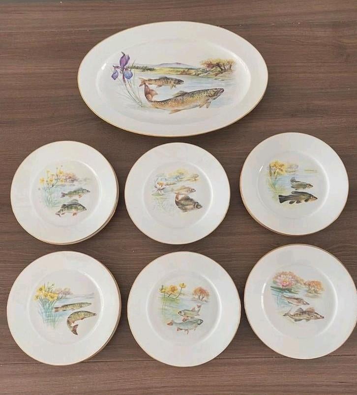 Porselein van Domino Limoges — vintage visservies, Antiek en Kunst, Ophalen