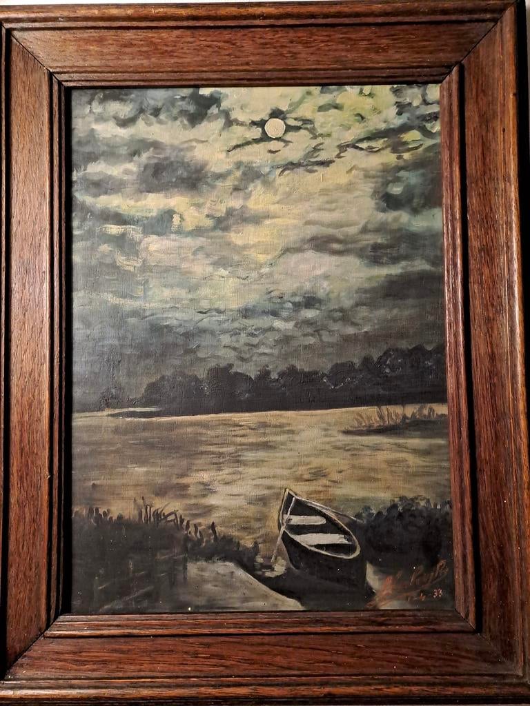 ️ De boot (1933) olieverf op houten paneel, Antiek en Kunst