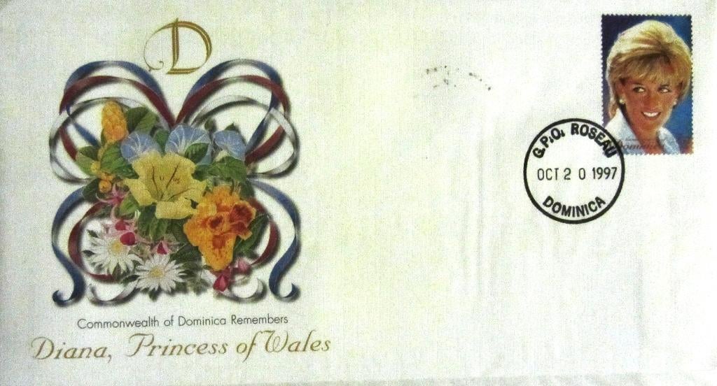 GROTE FDC- PRINSES DIANA MET POSTZEGEL DOMINICA, Ophalen of Verzenden, Gestempeld, Koningshuis