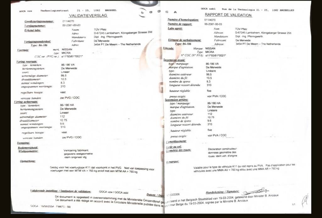 Certificat GOCA de la Nissan Micra K11, Autos : Pièces & Accessoires, Enlèvement ou Envoi, Nissan