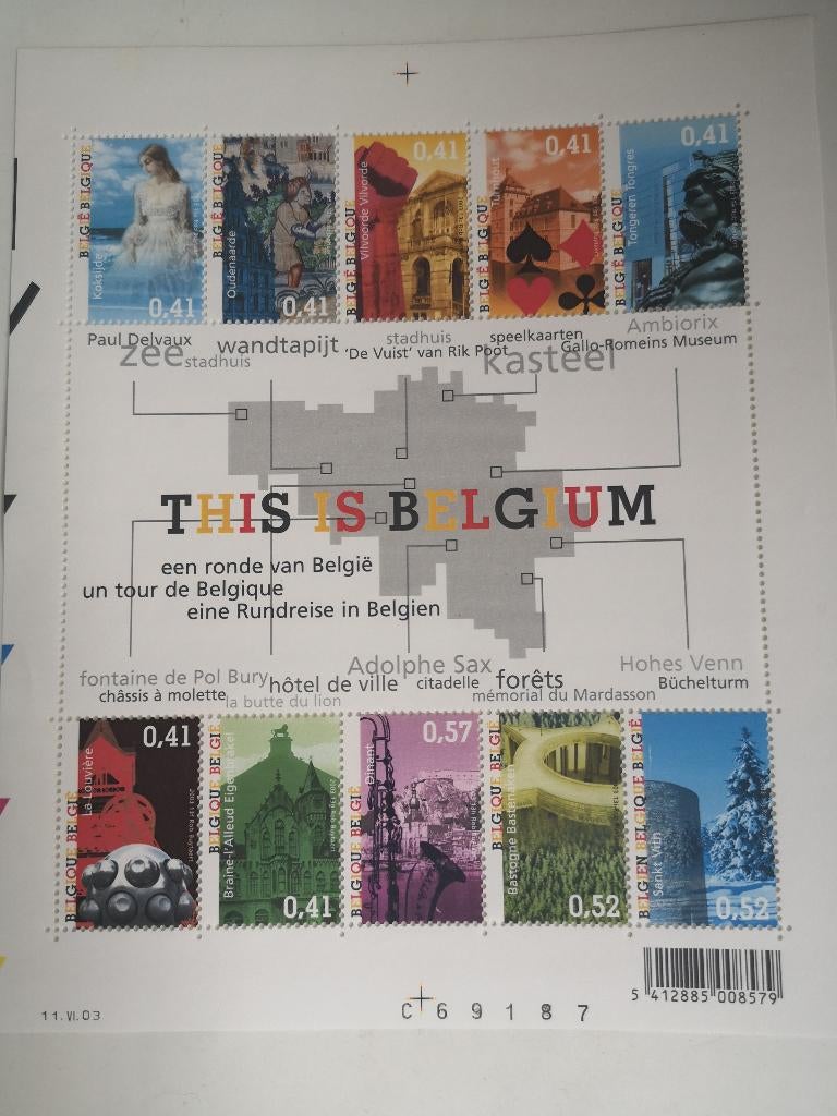 Blad met 10 Belgische postzegels 2003, Postzegels en Munten, Postzegels | Europa | België, Ophalen of Verzenden, Postfris