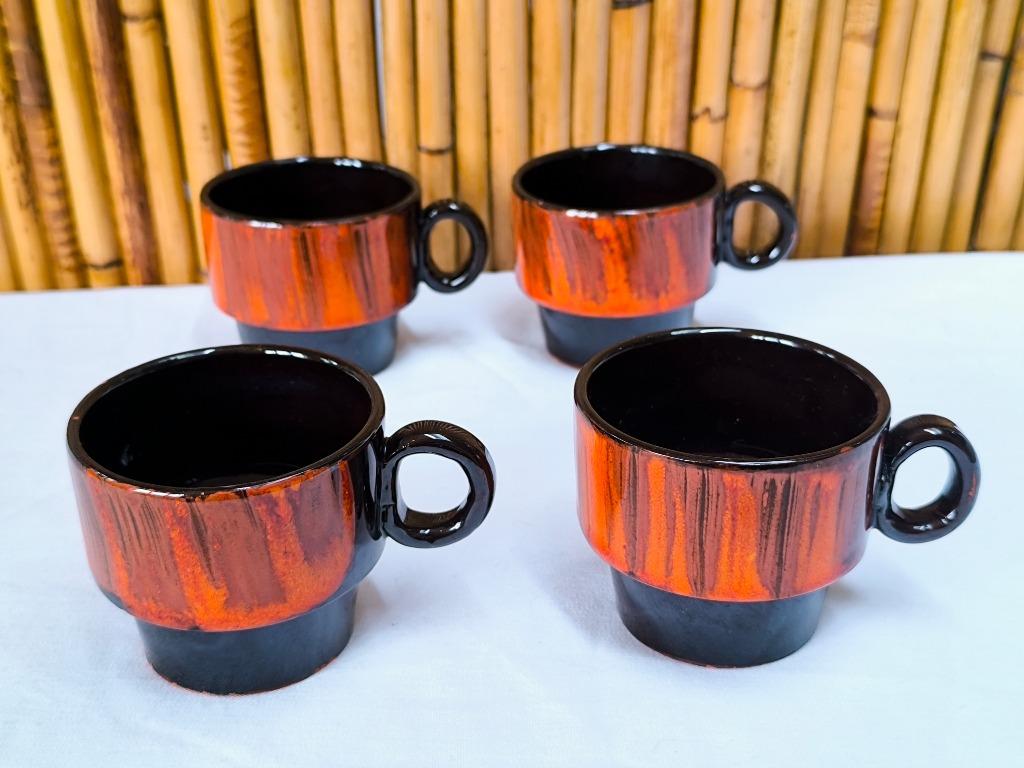 4 tasses vintage 1970 céramique rouge, émaillage brun orange, Enlèvement ou Envoi
