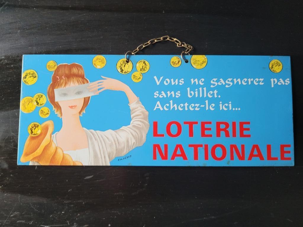 ancien plaque publicitaire loterie nationale N2  32x13 cm, Collections, Enlèvement ou Envoi, Utilisé, Panneau publicitaire