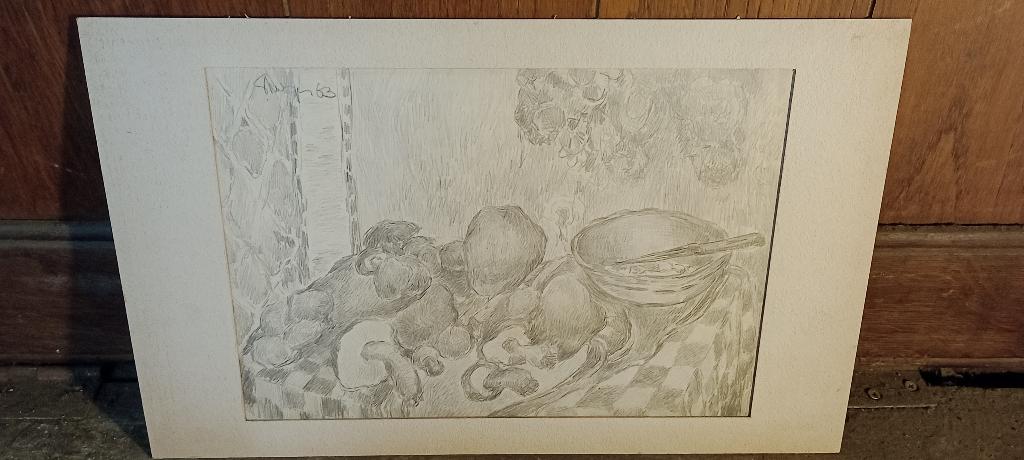 Dessin nature morte signé Serge Montegnies, 1963,40x25,n542, Enlèvement ou Envoi