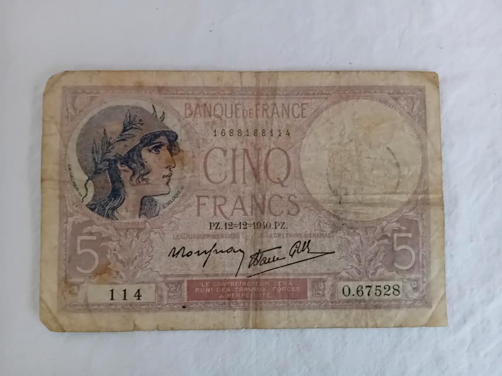 Bankbiljet, Frankrijk, 5 Francs 1940, Ophalen of Verzenden, Frankrijk, Los biljet
