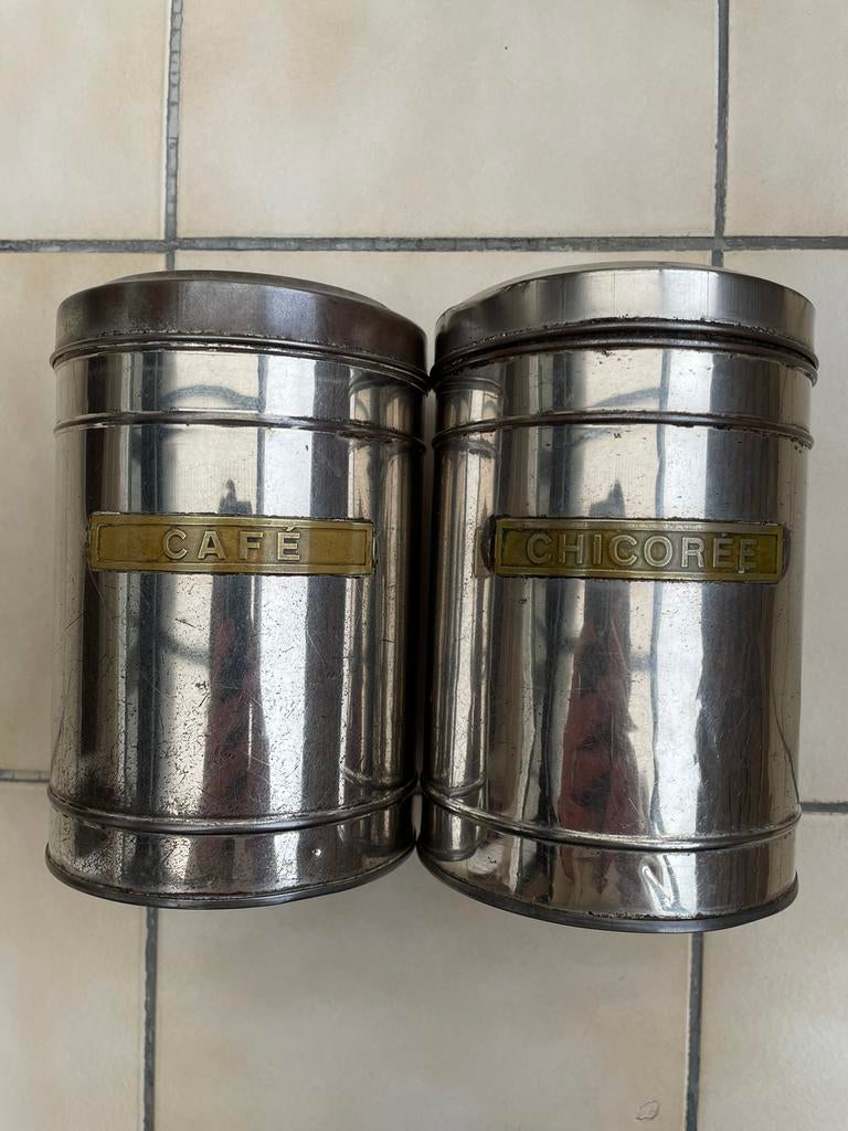 Oude metalen blikken dozen koffie en chicorei, Verzamelen, Ophalen of Verzenden, Gebruikt, Koffie