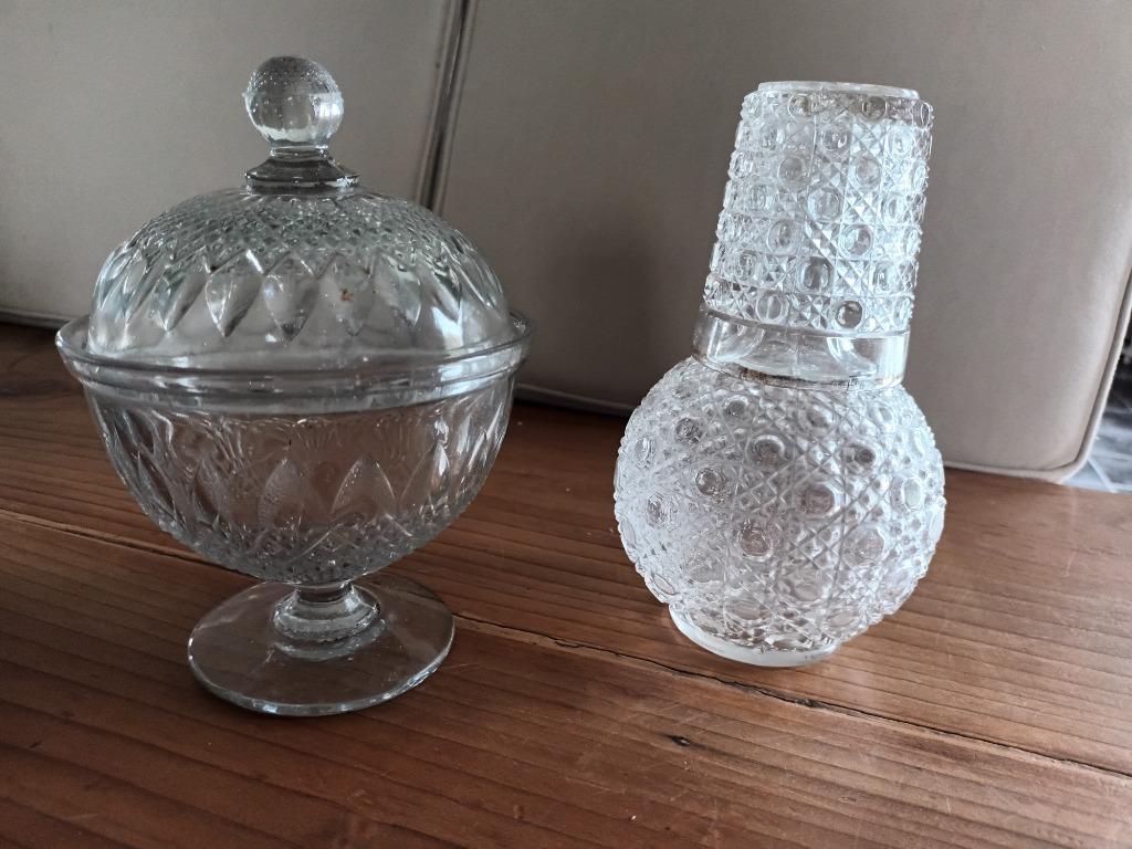 Glazen bonbonniere + kristallen waterkaraf met glas, Antiek en Kunst, Antiek | Glaswerk en Kristal, Ophalen