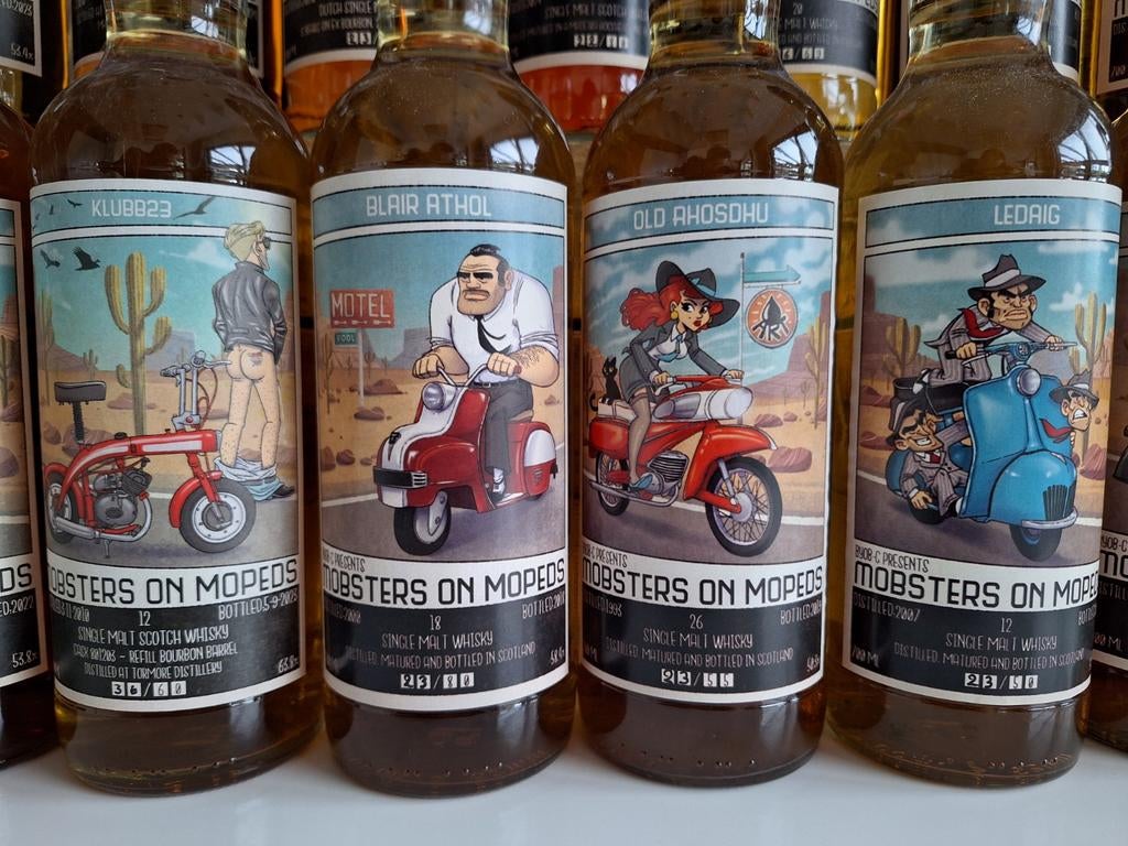Mobsters on Mopeds whisky 25 stuks - complete serie brommers, Verzamelen, Wijnen, Ophalen