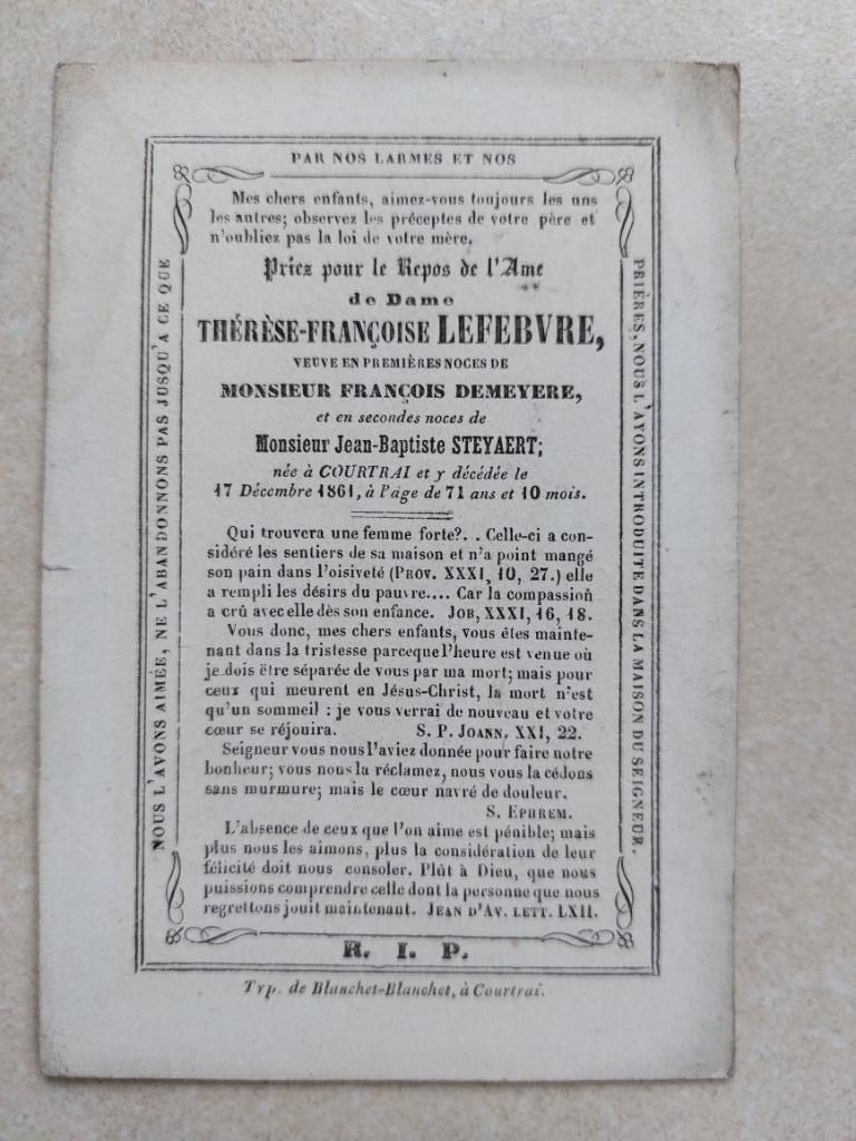 oud doodsprentje Kortrijk 1789/1861, Verzenden