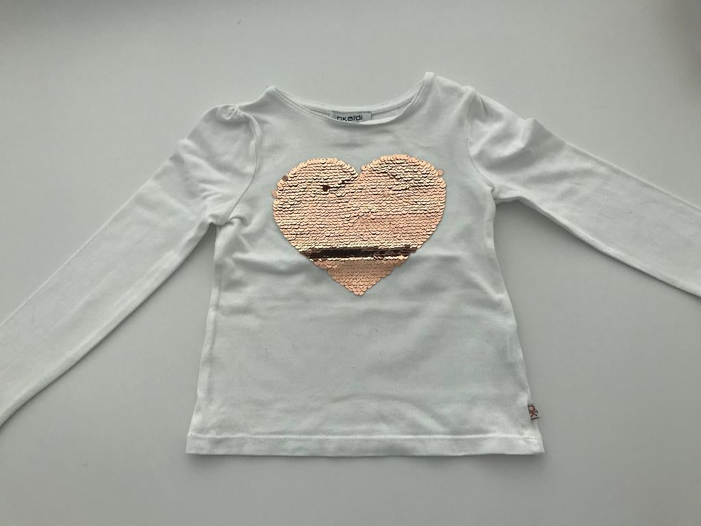 T-shirt blanc Okaidi taille 98 à sequins HART, Enlèvement ou Envoi, Chemise ou À manches longues, Comme neuf, Okaïdi.