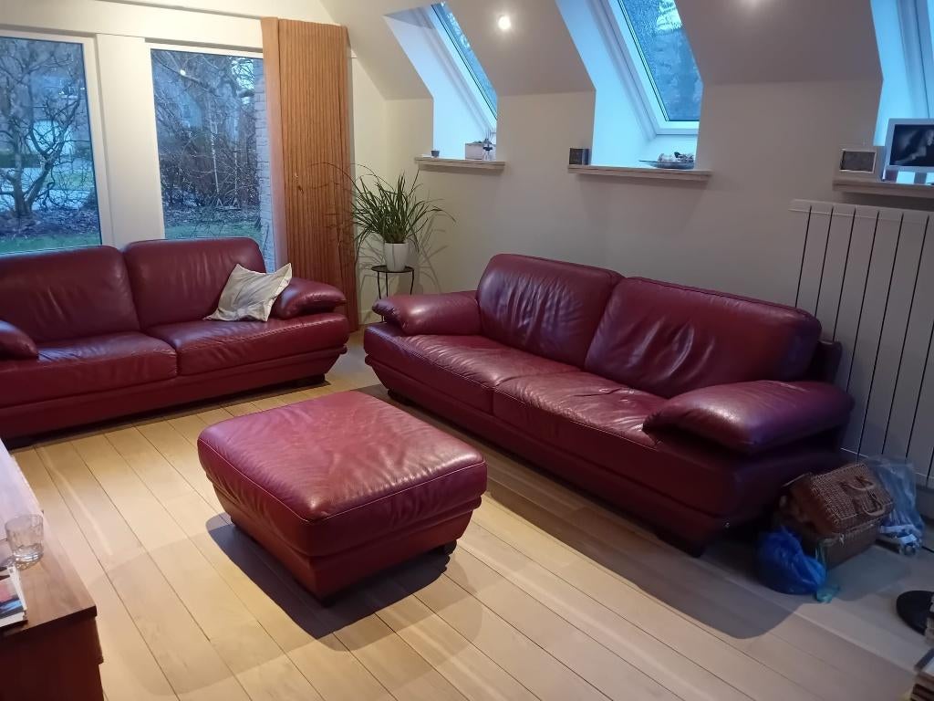 Salon Merk Natuzzi 2 zit, 3 zit, poef in leder uitvoering, Enlèvement, Utilisé, Cuir, Modern