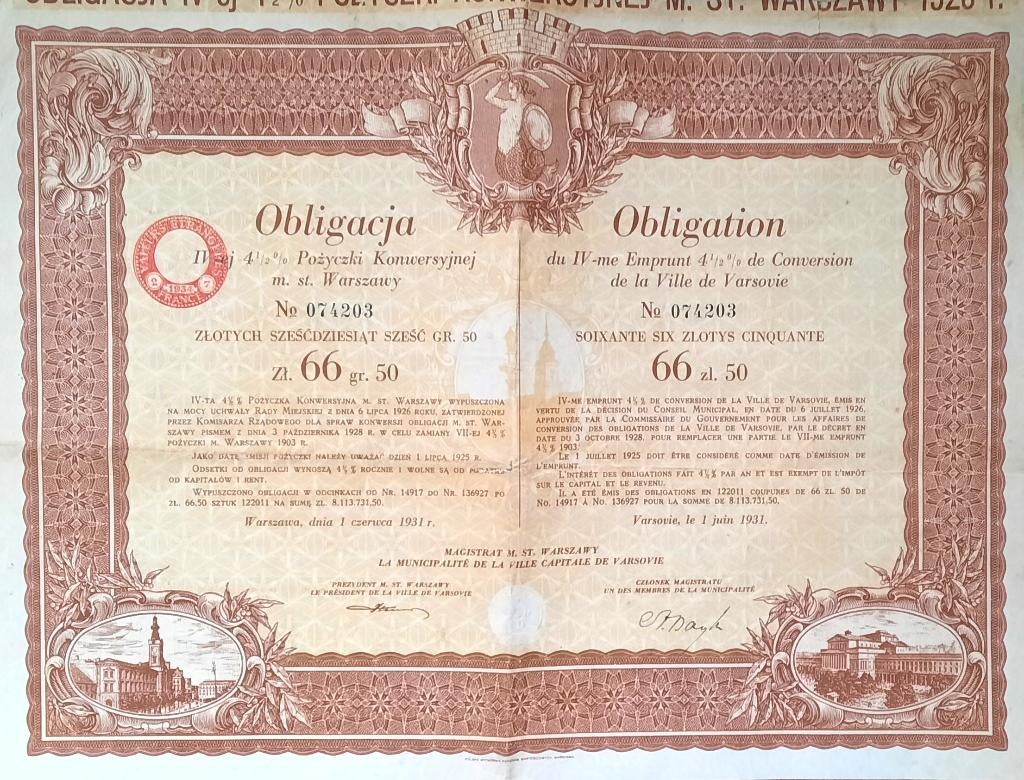 Obligation de  la ville de Varsovie - 1931 - 66,50zl., Ophalen of Verzenden, 1920 tot 1950, Obligatie of Lening