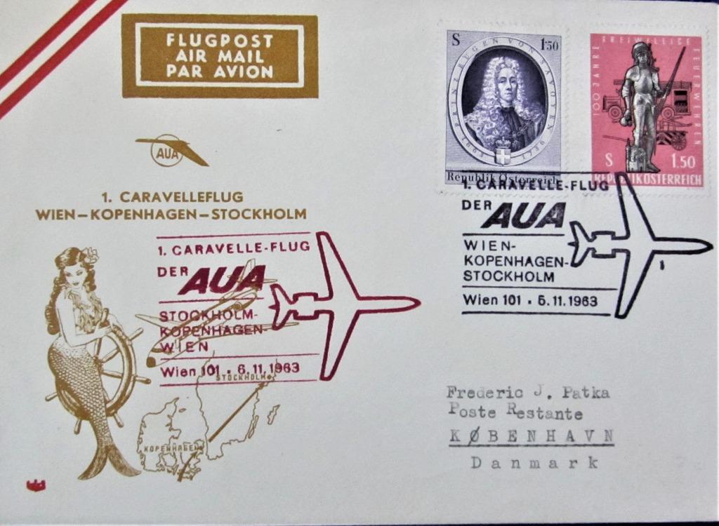 FDC POSTZEGELS- 1e CARAVELLE VLUCHT WENEN- STOCKHOLM, Ophalen of Verzenden, Gestempeld, Vliegtuigen