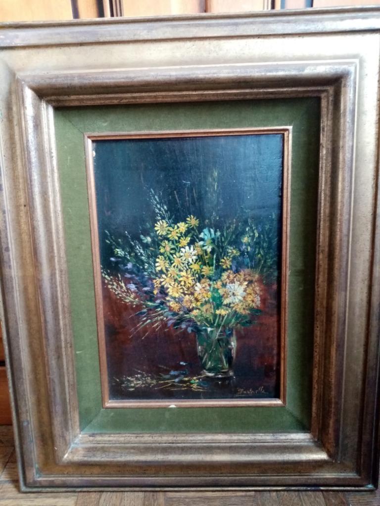 Olieverf bloemenschilderij gesigneerd op houten plank 46/37c, Ophalen