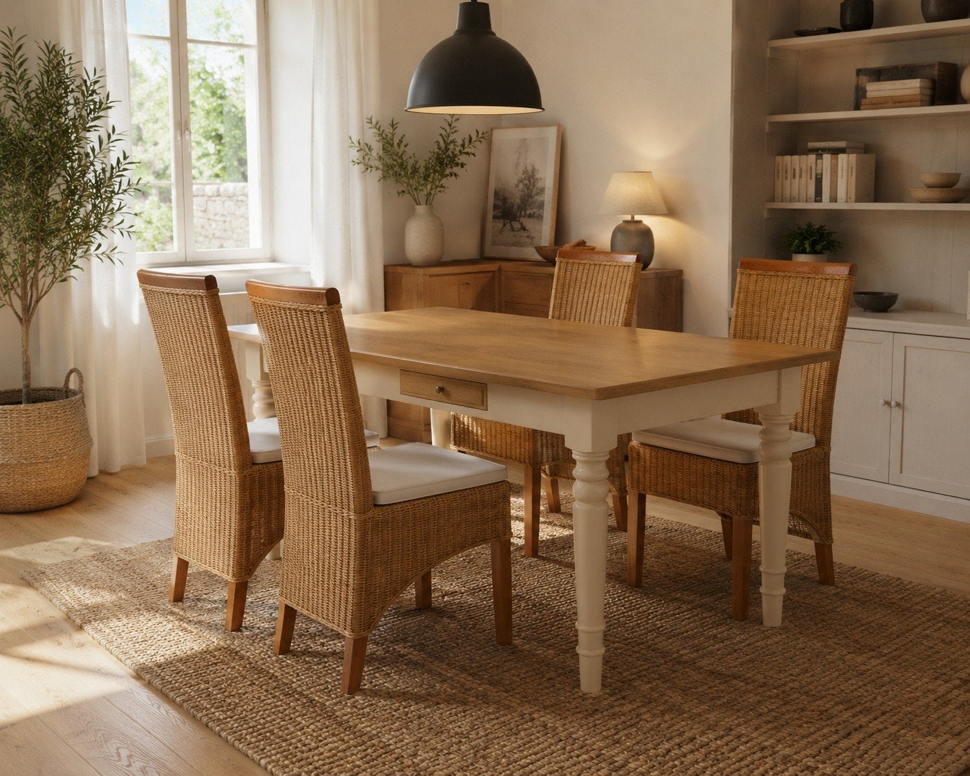 Ensemble Table à manger en chêne style campagne & 4 chaises, Maison & Meubles, Crème