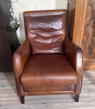 Set van 2 Italiaanse Leren Fauteuils – Cognac, Ophalen, Zo goed als nieuw, Leer
