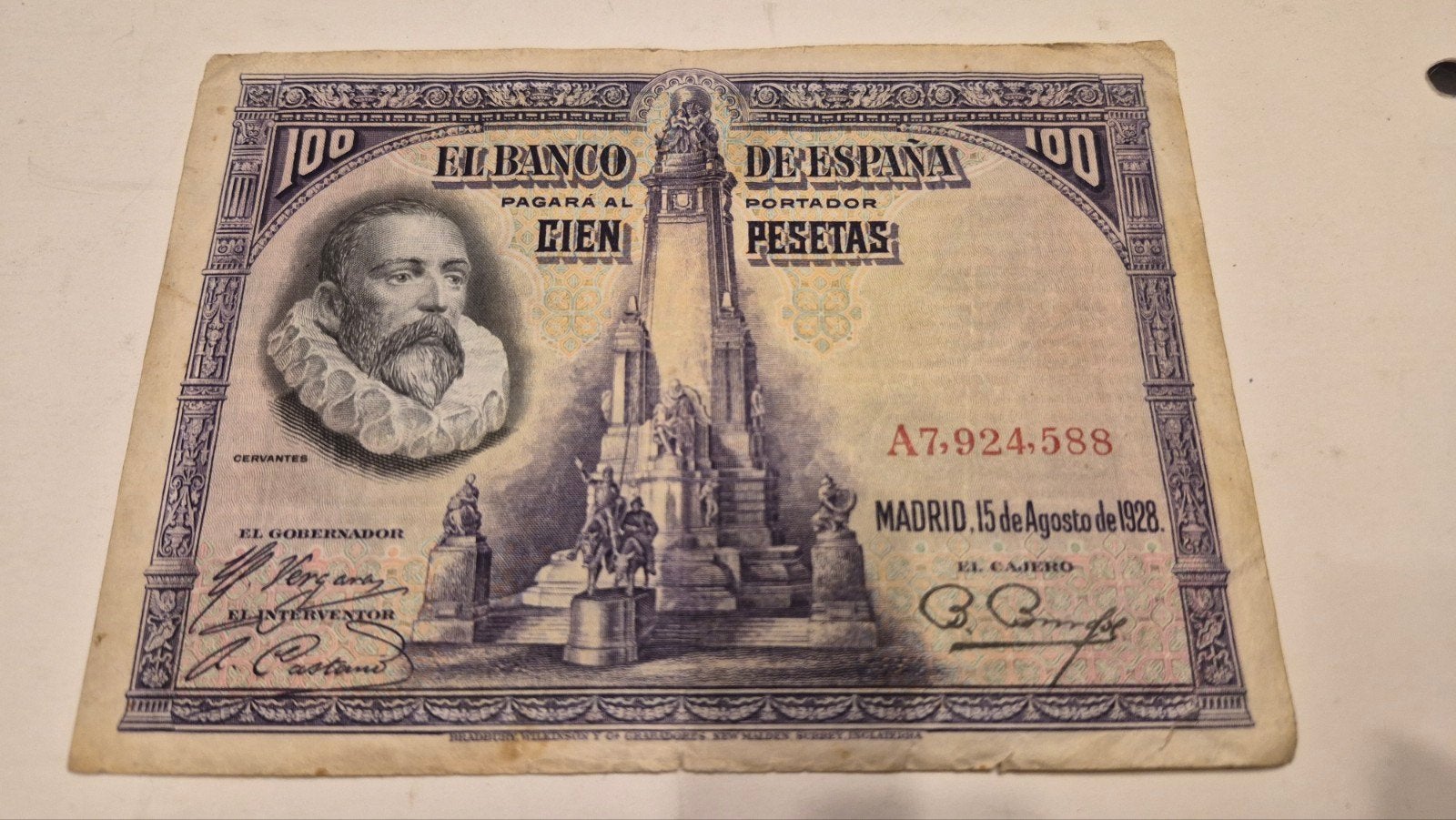 Biljet van Spanje 100 pesetas Madrid 15 de Agosto de 1928, Ophalen of Verzenden, Overige landen, Los biljet