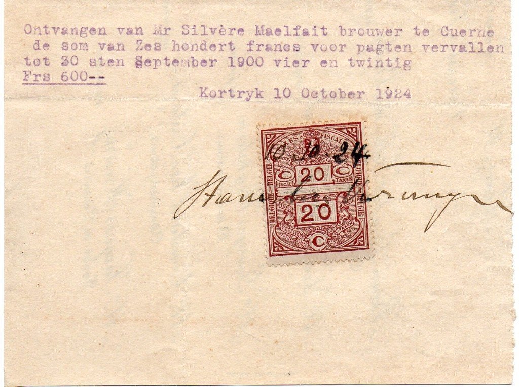 brouwer Maelfait Kuurne betaalbewijs 1924, Verzamelen, Biermerken, Ophalen of Verzenden