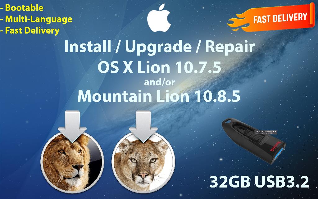 Installeer OSX Lion 10.7.5 en / of Mountain Lion 10.8.5 USB, Computers en Software, Besturingssoftware, Nieuw, MacOS, Verzenden