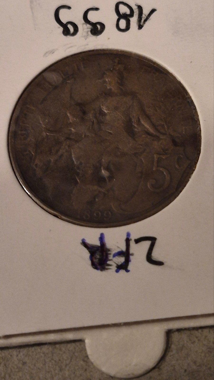 5 cent 1899 Frankrijk beetje weerkaatsing plastic munthouder, Ophalen of Verzenden, Frankrijk, Losse munt