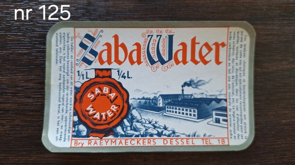 etiket SABA WATER Brouwerij Raeymaeckers Dessel (nr 125), Verzamelen, Biermerken, Ophalen, Zo goed als nieuw, Overige typen, Overige merken