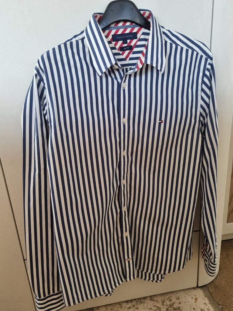 Gestreept hemd Tommy Hilfiger L (slim fit), Kleding | Heren, Overhemden, Blauw, Ophalen of Verzenden, Zo goed als nieuw, Halswijdte 41/42 (L)