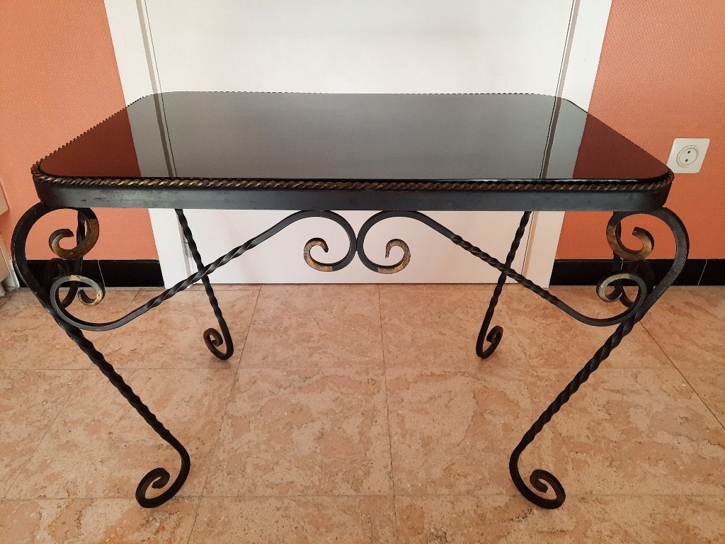 salontafel in smeedijzer met zwart glazen tafelblad, Ophalen, Gebruikt, Vintage, Glas