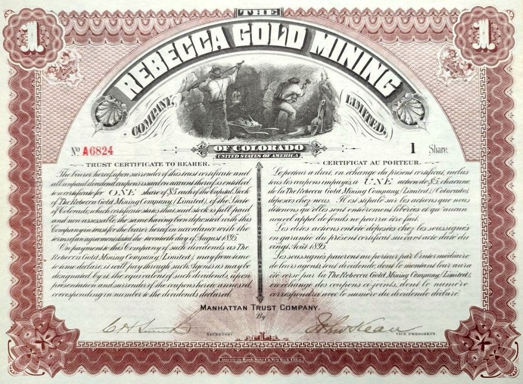 Rebecca Gold Mining Company (Cripple Creek) 1895, Ophalen of Verzenden, Voor 1920, Aandeel