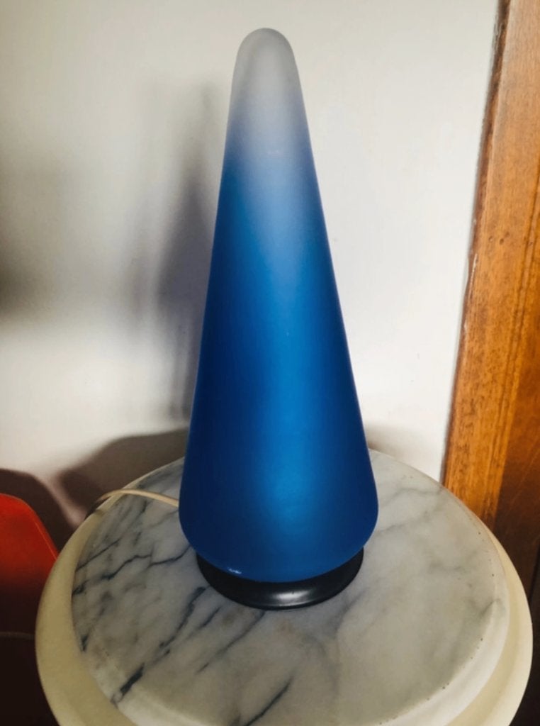 Vintage - Blauwe glazen kegeltafellamp  -  jaren 70, Ophalen of Verzenden