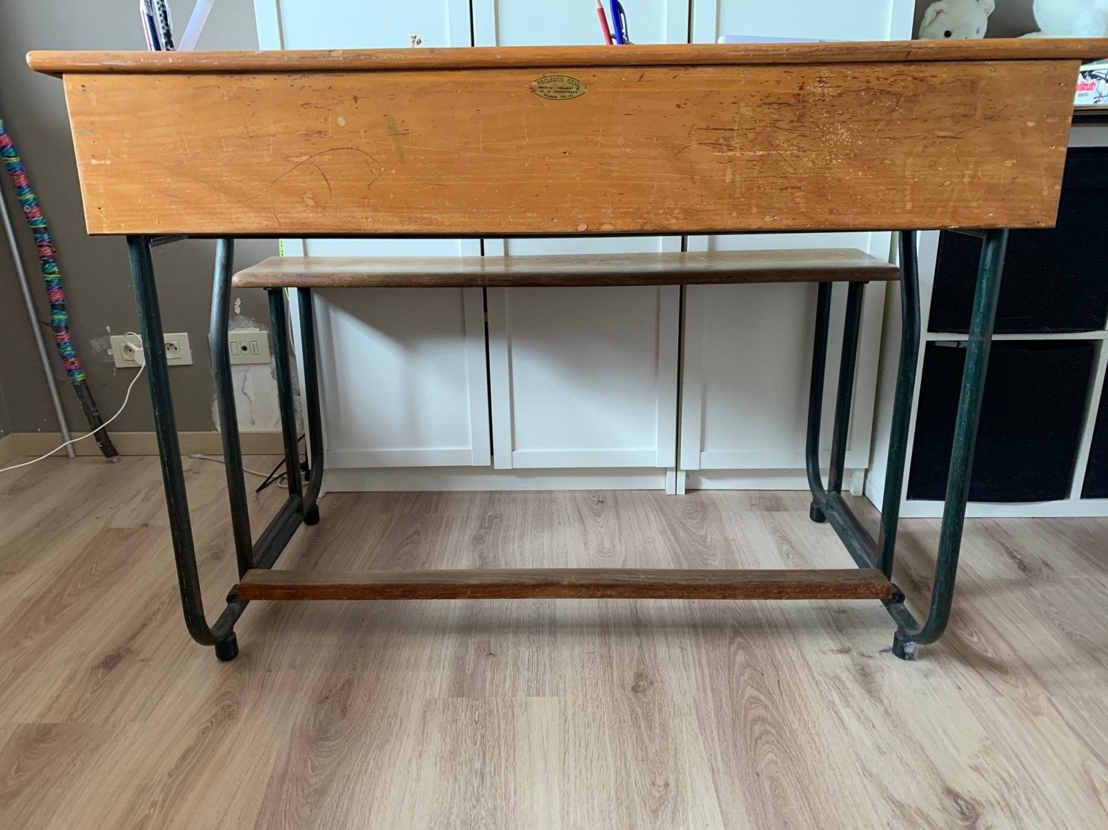 Vintage schoolbank, Ophalen, Gebruikt, 100 tot 150 cm, Rechthoekig