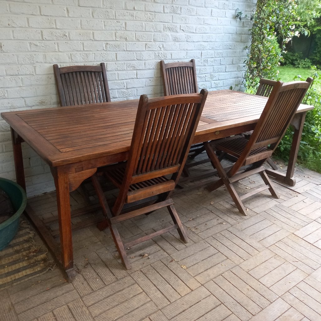 Table teck massif 230cm x 100cm comme neuve + 5 chaises, Enlèvement ou Envoi, Comme neuf, Rectangulaire, Bois de teck