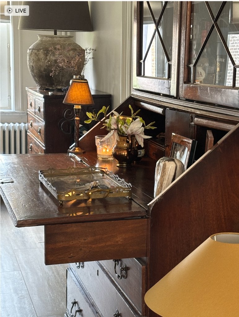 Antieke mahonie secretaire met beglaasde opzetkast, Antiek en Kunst, Ophalen