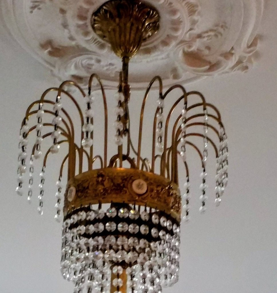 Lustre vintage en laiton et cristal avec Limoges, Autres culots, Métal, Enlèvement, Utilisé