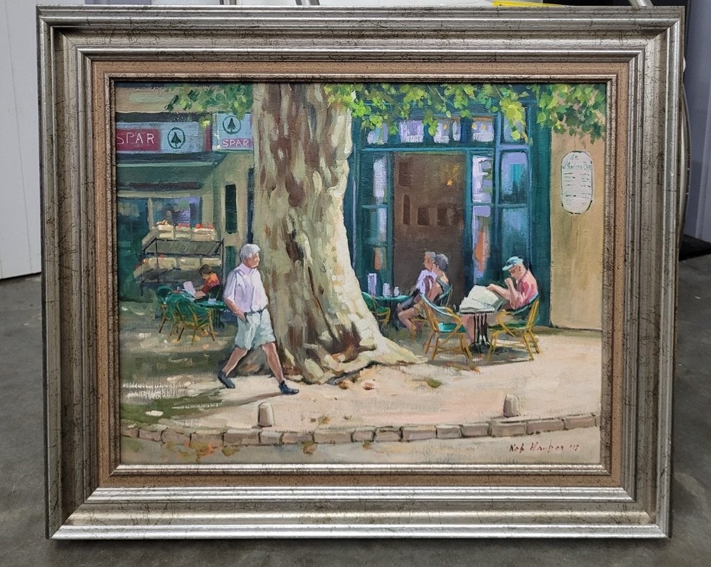 Robert HAUBEN, Genieten op een zonnig terras, Antiek en Kunst, Kunst | Schilderijen | Klassiek, Stads- / dorpsgezicht, Olieverf