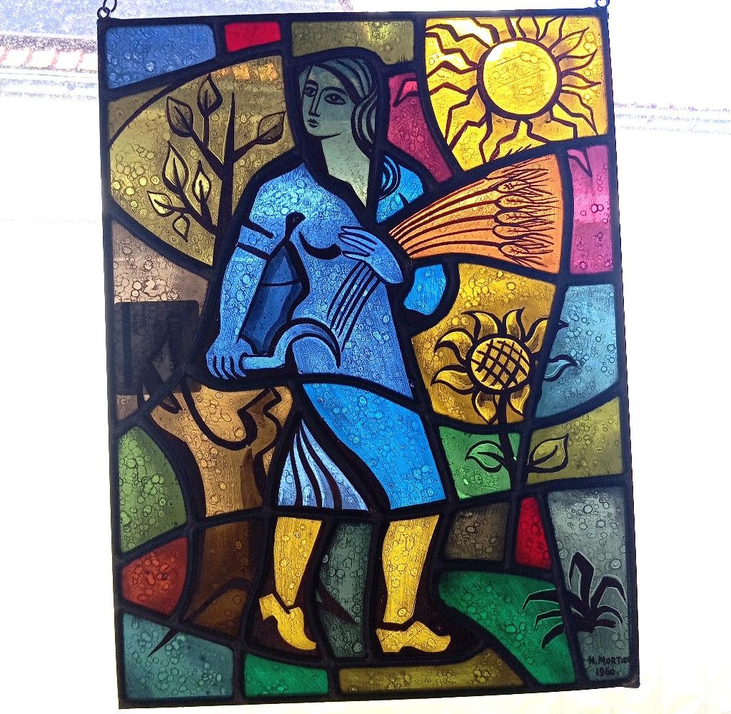 Vitrail H MORTIER 1960, Antiquités & Art, Antiquités | Verre & Cristal, Enlèvement ou Envoi