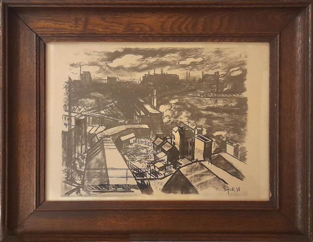 Lithographie Charles Eijck - 1948. Paysage industriel, Antiquités & Art, Enlèvement ou Envoi