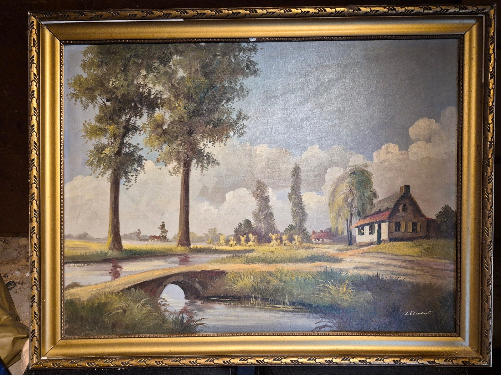Sfeervol Olieverfschilderij Landschap met Brug & Hoeve – Ges, Ophalen, Klassiek, Landschap, Doek