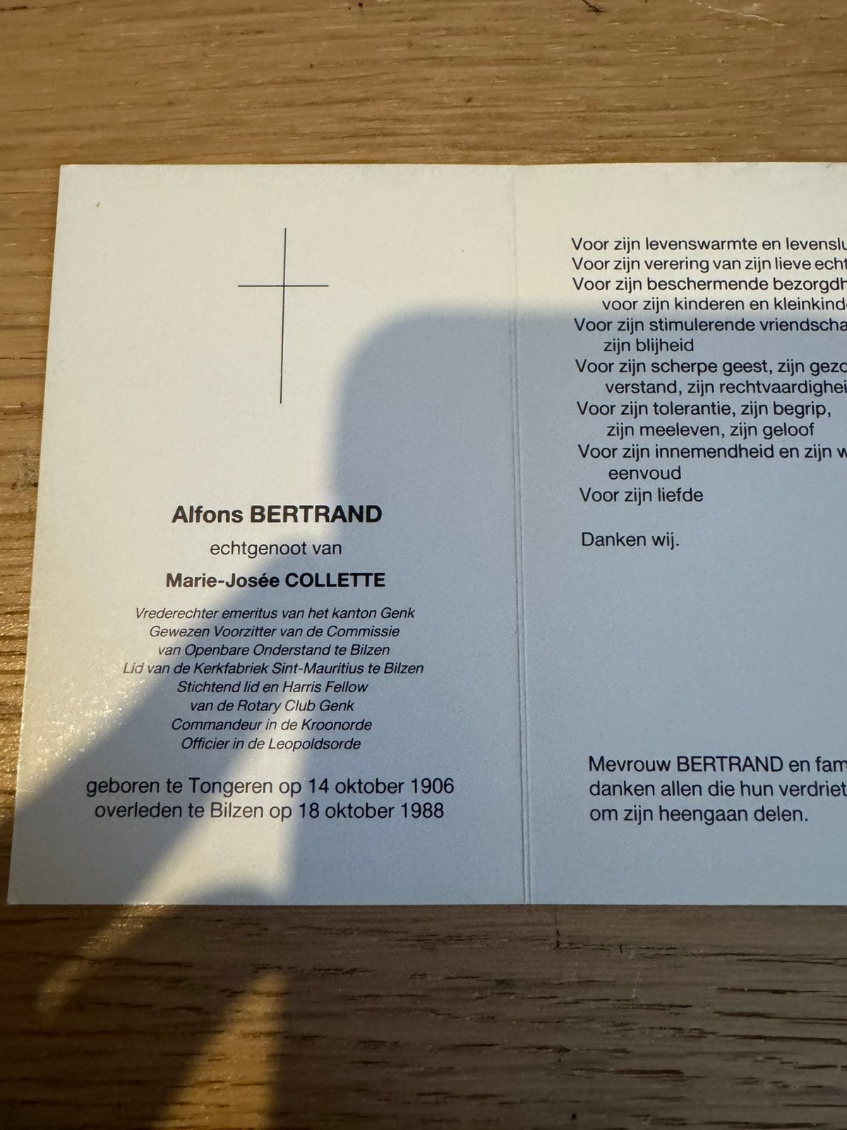 Doodsprentje Bertrand vrederechter emeritus Tongeren, Collections, Enlèvement ou Envoi