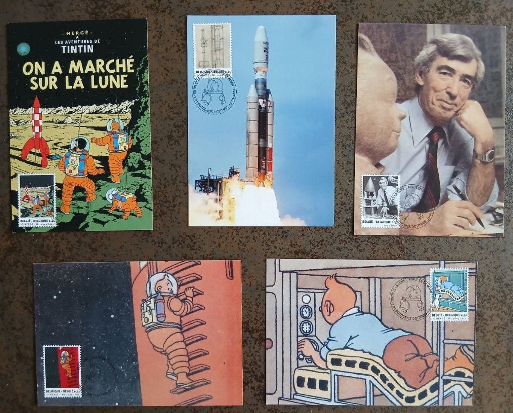 Année 2004 : Cartes maximums 3249-3253 - Tintin et la lune, Postzegels en Munten, Postzegels | Europa | België, Ophalen